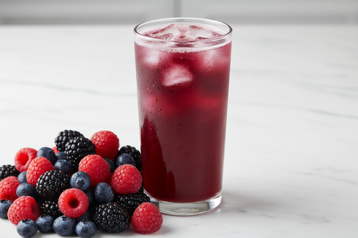 maybe those berries next to a berry drink that is purple/red colour with ice in
