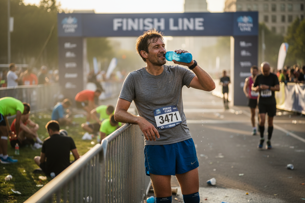post run recovery post marathon tired drinking from bottle 